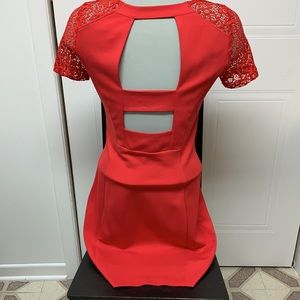 Dynamite Red Dress with Lace Sleeves and Open Back